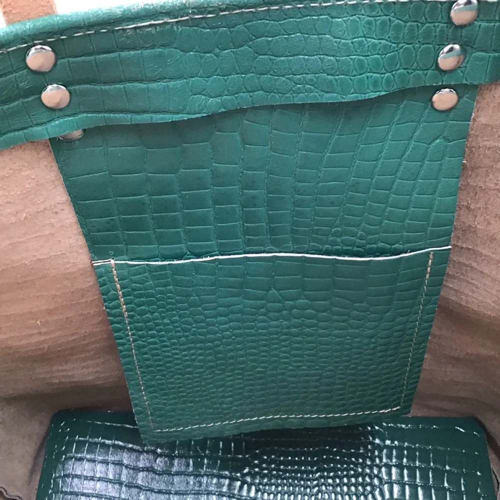 Handmade Tote Bag croc embossed green tan leather large handbag New